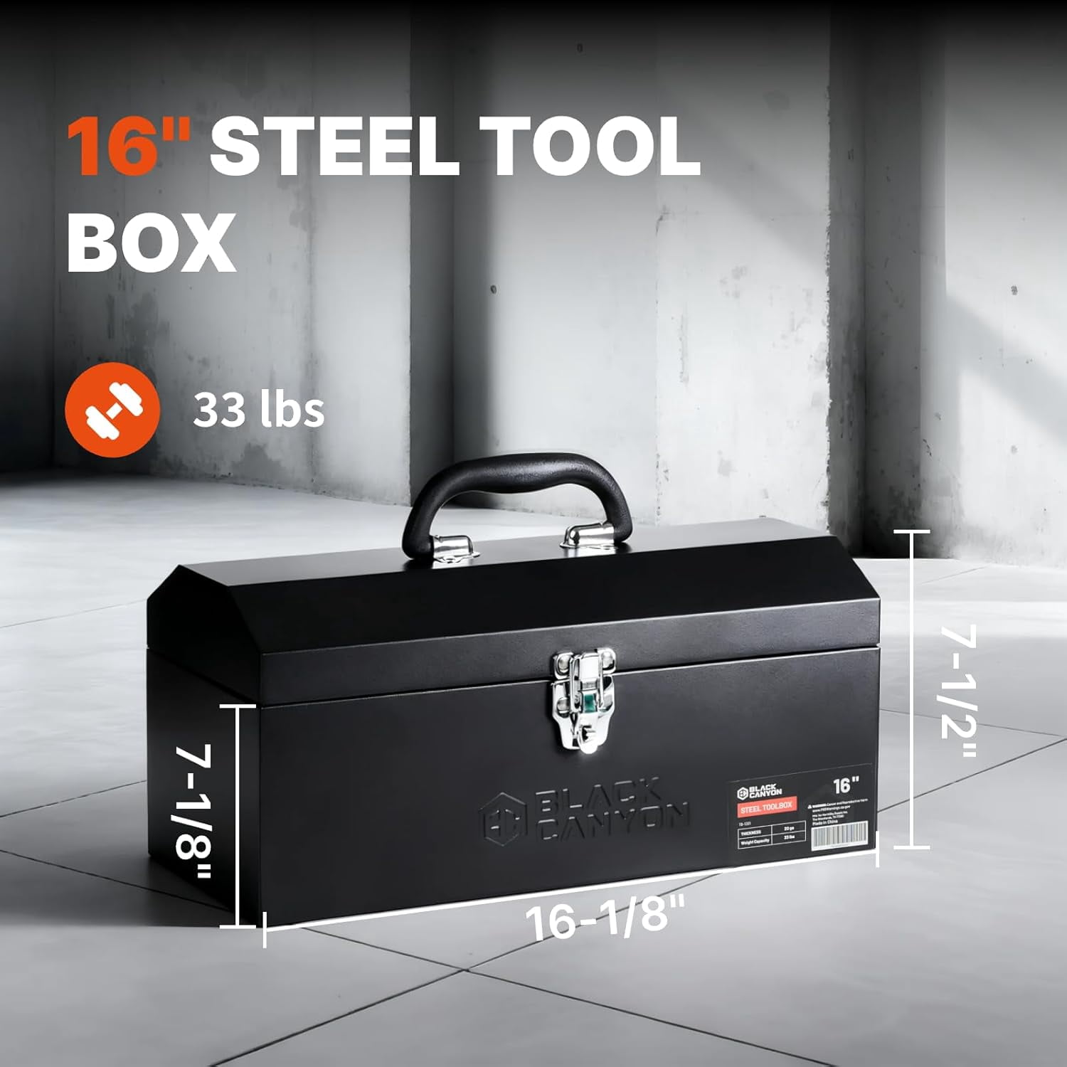 16 Inch Metal Tool Box, Portable Carbon Steel Toolbox with Padlockable Design for Mechanics and