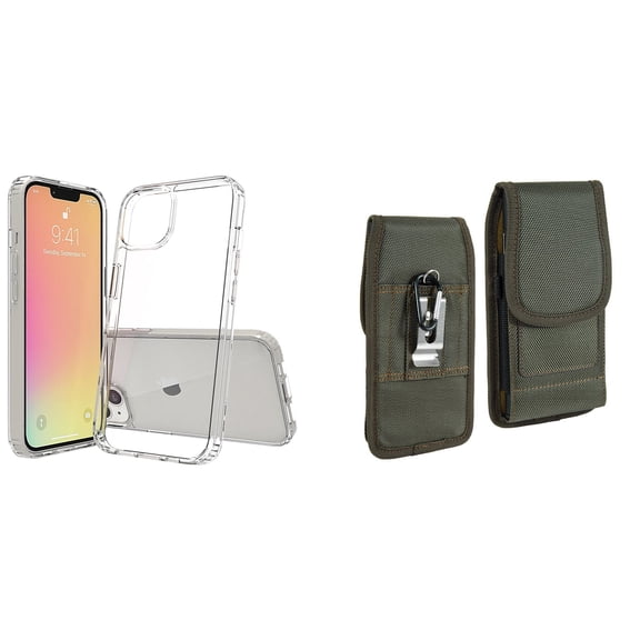 Bemz Case and Pouch Bundle for iPhone 14 Pro Max: Fusion Protector Slim Case (Transparent Clear) and Vertical Rugged Nylon Belt Holster (Midnight Green)