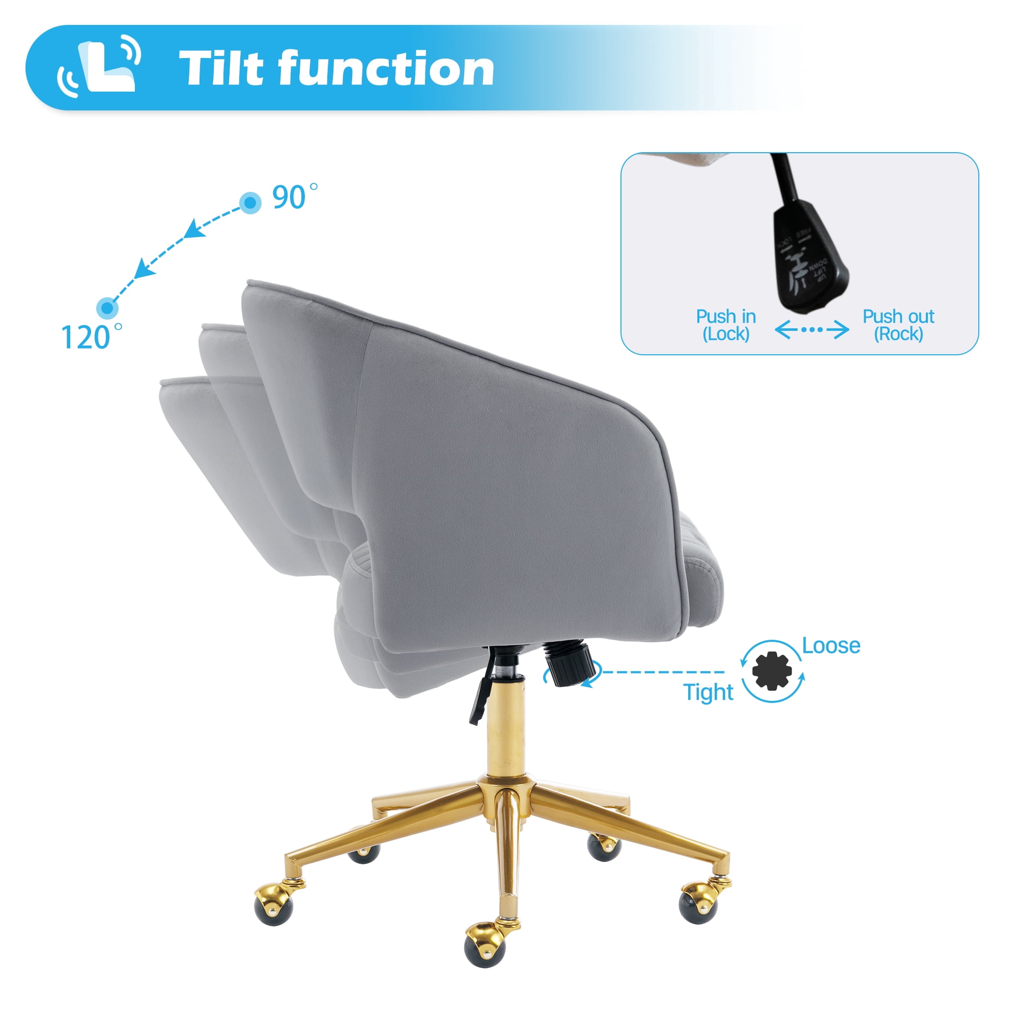 KCC Velvet Office Chair for Women, Swivel Vanity Desk Chair with Gold Base and Wheels, Adjustable Upholstered Chair for Bedroom, Makeup Room and Home Office(Light Gray)