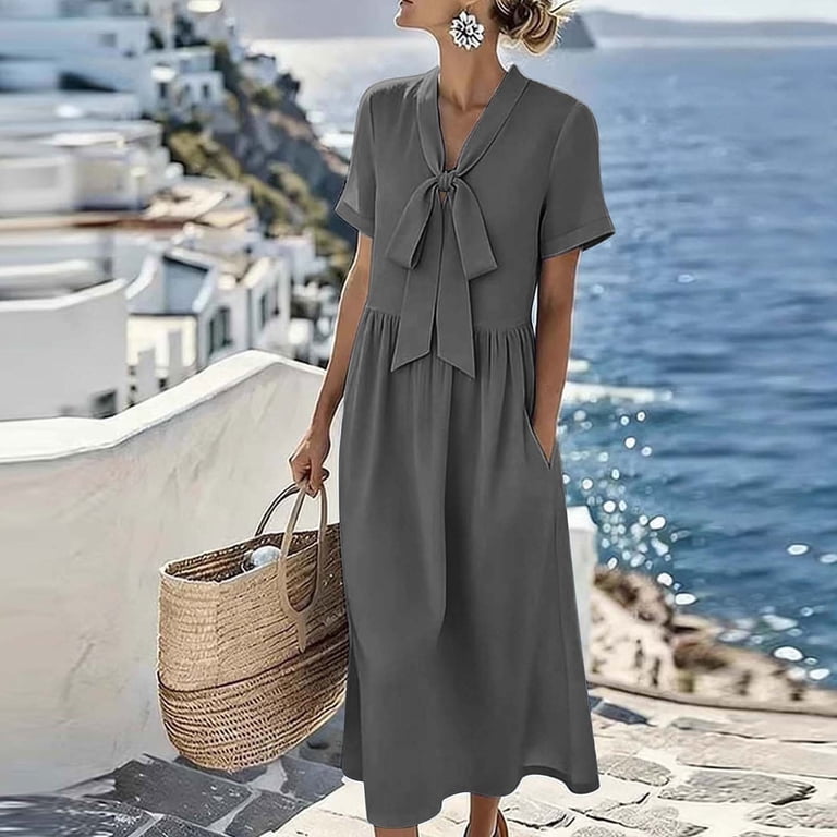 what stores have cute dresses Sentmoon Summer Dress with Short Sleeves Cute Dresses for Women with  Pockets Regular Fit 2026 Solid Color V Neck Bow Thigh Length Dress for  Going Out and Party S-2XL