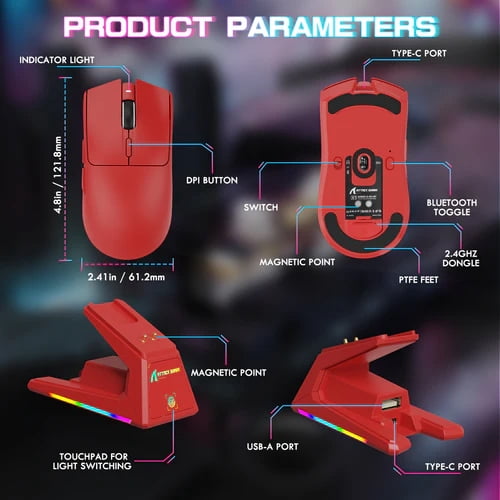 ATTACK SHARK X1 Tri-mode Gaming Mouse with Touchpad RGB Charging Dock PAW3395PRO Gaming Sensor, BT/2.4G Wireless/Wired, 6 Adjustable DPI up to 40000, Omron Optical Microswitches