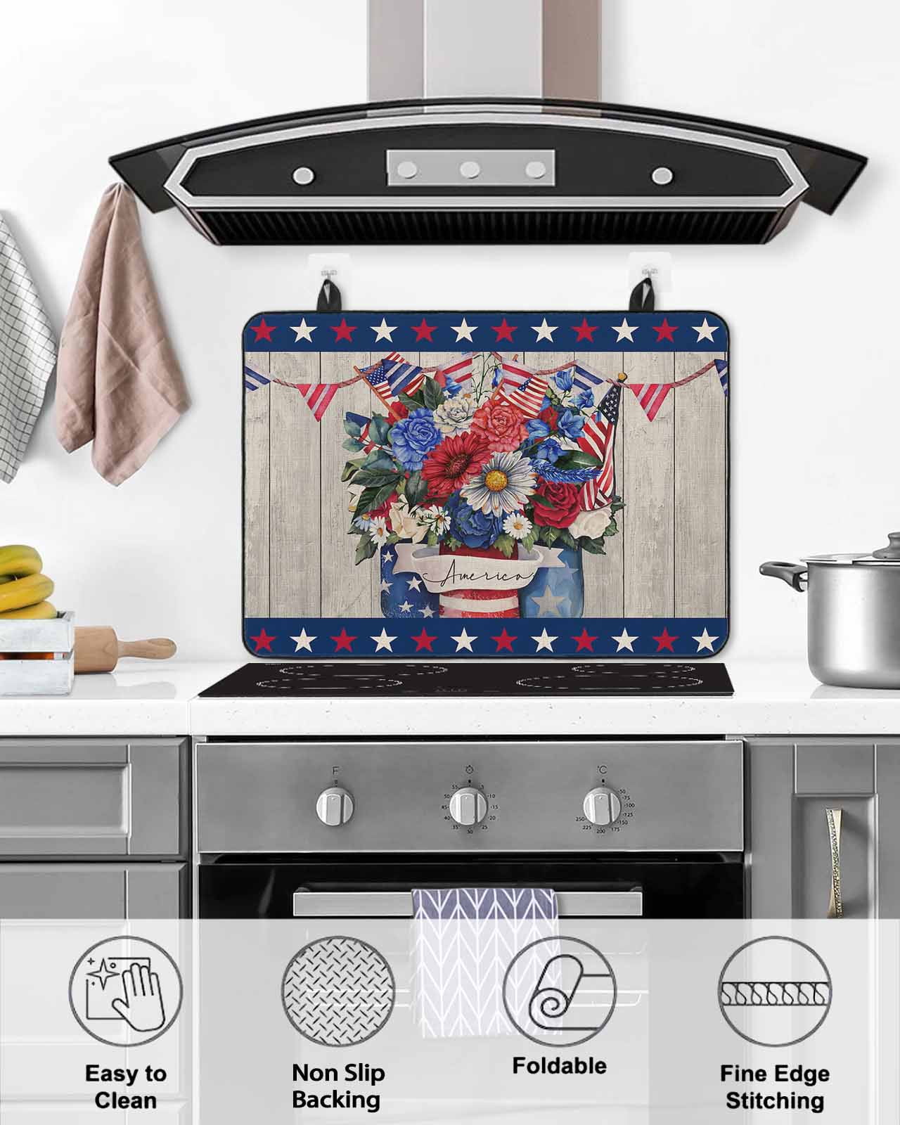 nqOlkjepod Large Induction Cooktop Protector Mat 36"x21", 4th of July Stove Top Covers for Electric Stove, Blue Red Floral Vintage Independence Day Stove Burner Cover Mats, Glass Top Stove Cover
