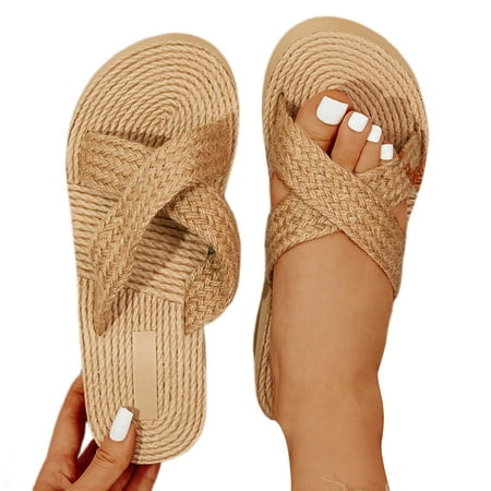 

ZHAGHMIN Ladies Slippers Summer Fashion Rope Strap Flip Flops Women Outer Wear Non-Slip Flat Slippers Casual Beach Sandals Khaki Size9