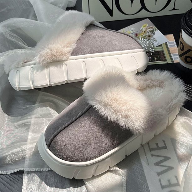 Pantuflas de casa con plataforma de espuma viscoelástica para mujer, cálidas y peludas para interior y exterior