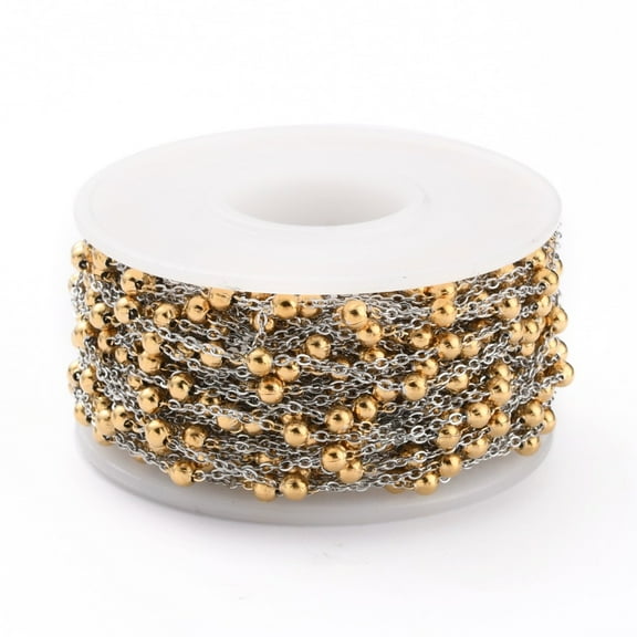 1 roll Two Tone 304 Stainless Steel Cable Chains with Round Beads and Spool Soldered Golden & Stainless Steel color Link: 1x1x1mm 32.8 Feet(10m)/rolll
