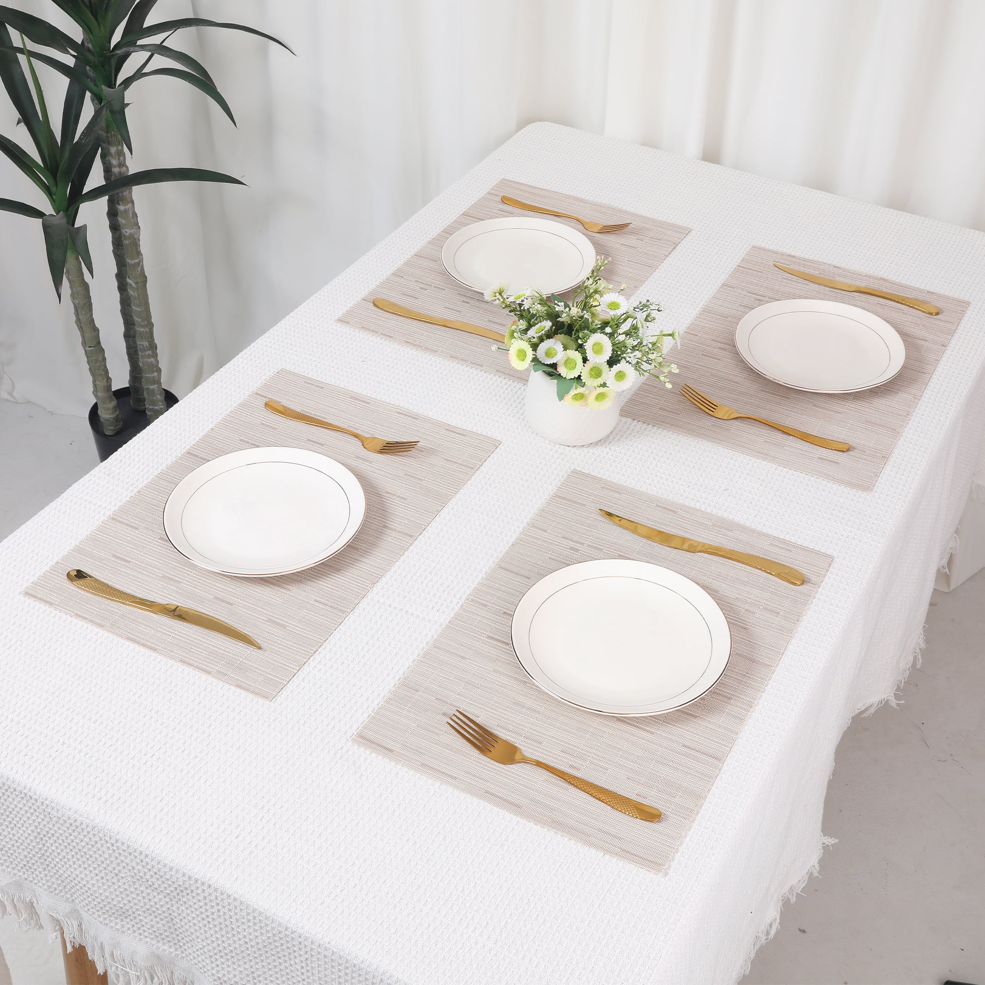 Unique Bargains 6pcs Placemats for Kitchen Dining Table Washable Wipeable Mat Beige