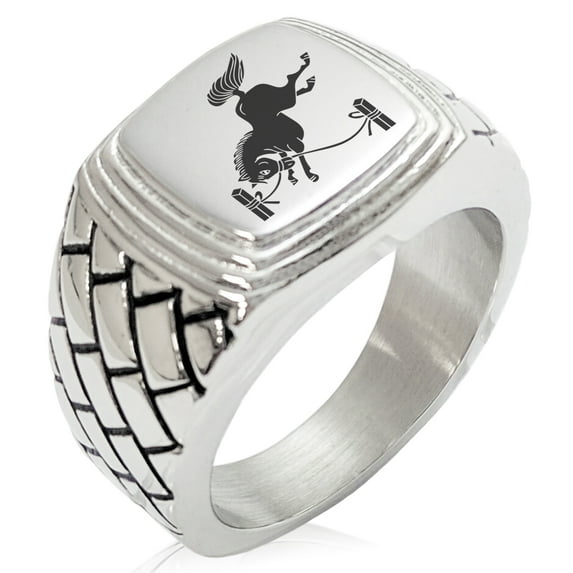 Stainless Steel Soma Samurai Crest Geometric Pattern Step-Down Biker Style Polished Ring