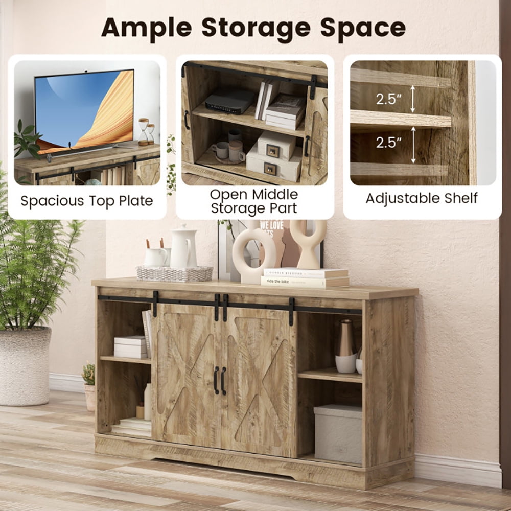 Finihen TV Stand, TV Cabinet, Farmhouse Entertainment Center with Adjustable Shelves and Storage Cabinet, Media Entertainment Center with Storage, for Living Room, Bedroom, Gray