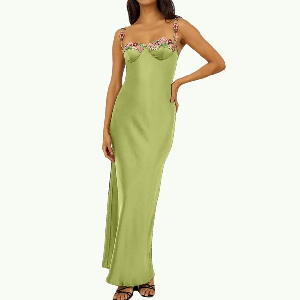 WILLBEST Vestidos Casuales Vestido Largo Ajustado con Tirantes Finos de Satén para Mujer, sin Mangas, para Invitadas de Boda, Vestidos de Fiesta de Noche de Verano Chica