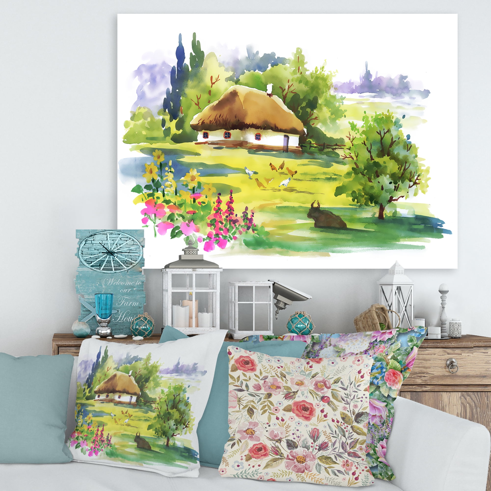 Designart ' Blossoming Greenlands And A Rural House ' Traditional Canvas Wall Art Print