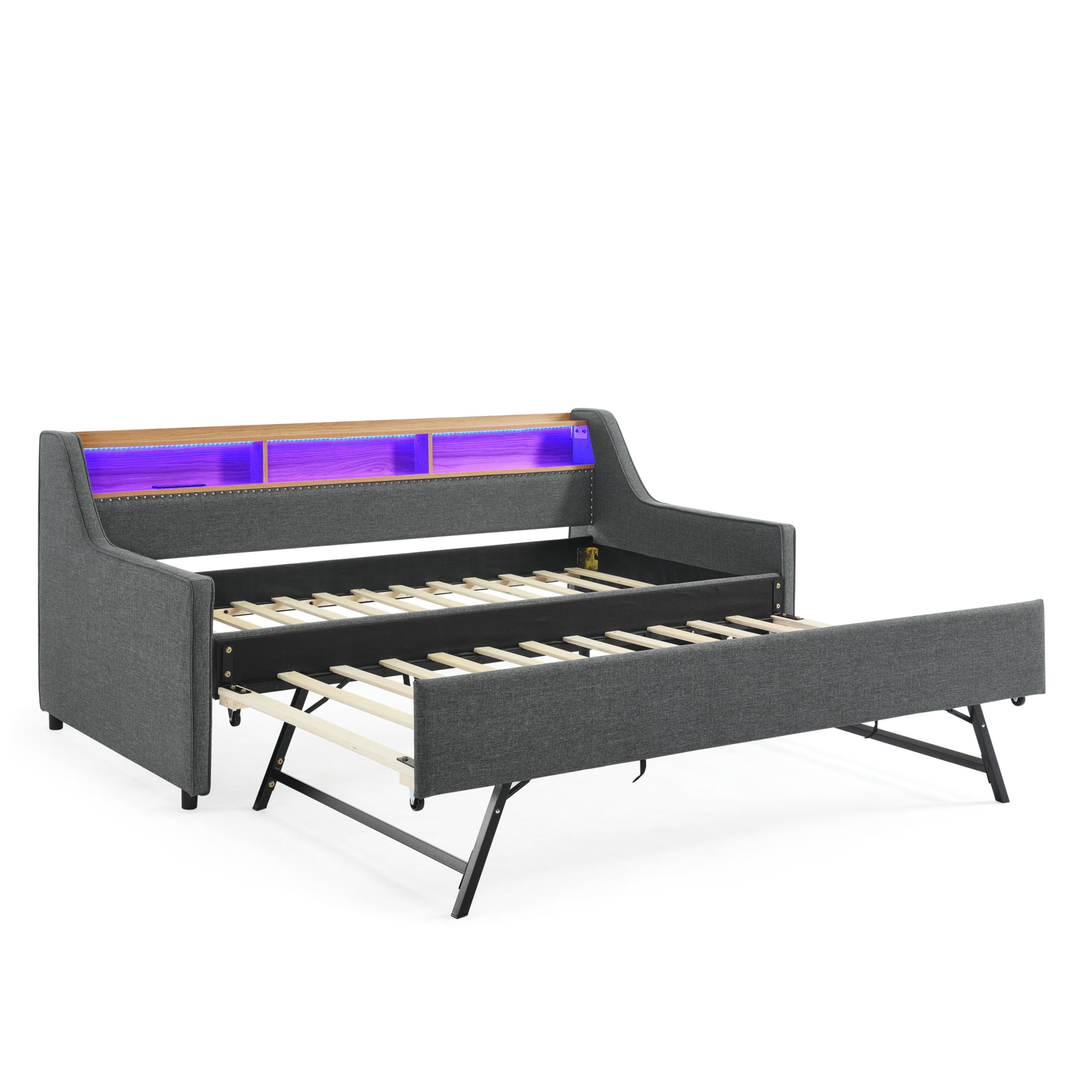 Noble House Zerra Twin Linen Upholstery Sofa Bed, Daybed Frame with LED Lights Headboard, and Pull-Up Trundle, Gray
