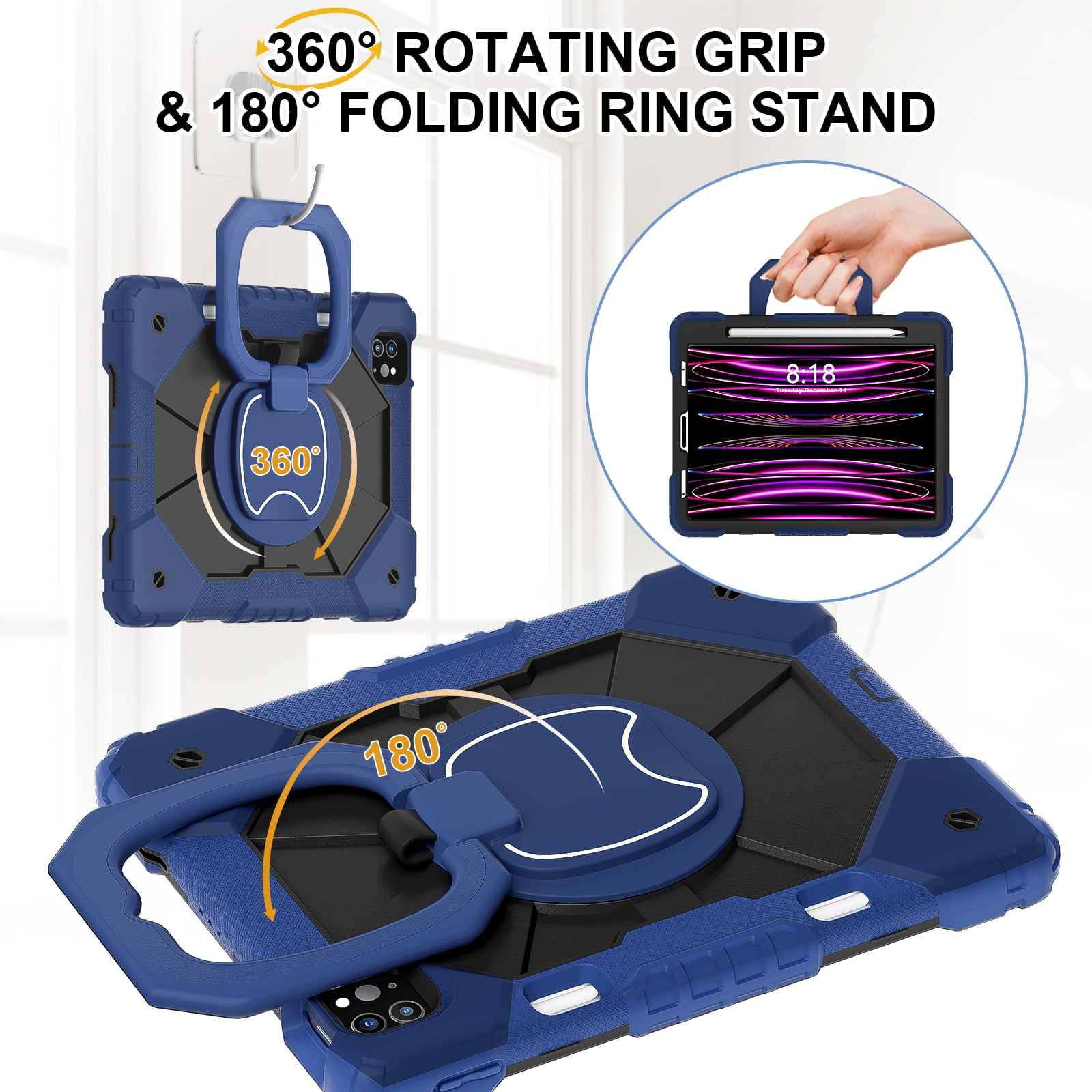 Dteck with Pencil Holder Case for iPad Pro 11-inch 4th 3rd 2nd 1st Gen,iPad Air 5th/4th Generation Heavy Duty Silicone Case 360 Degree Rotating Handle Stand Cover with Shoulder Strap,Navy+Black