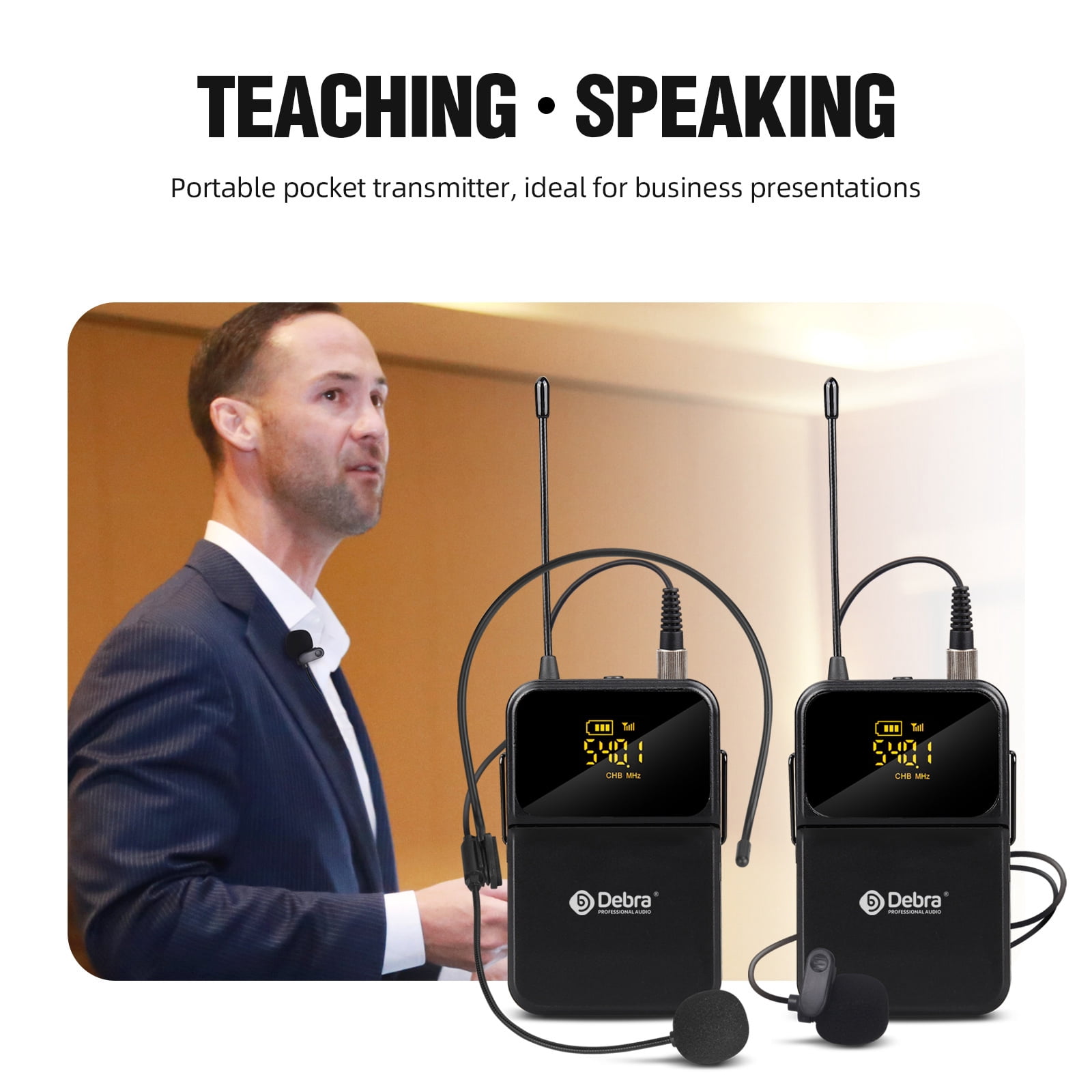 D Debra Audio Pro DU4004 UHF 4 Channel Wireless Microphone System with Lavalier Headset Mics, Ideal for Meeting Church Speech (4 Bodypack)