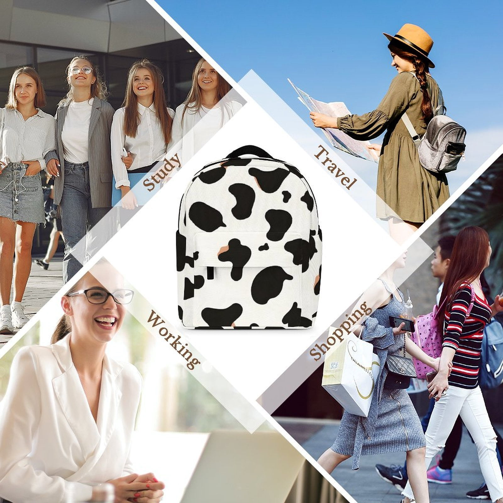 8.1×10in Casual Women'S Backpack With Anti-Contraction And Stretch For Sports Activities Travel Picnics Simple Cow Print Pattern1_1