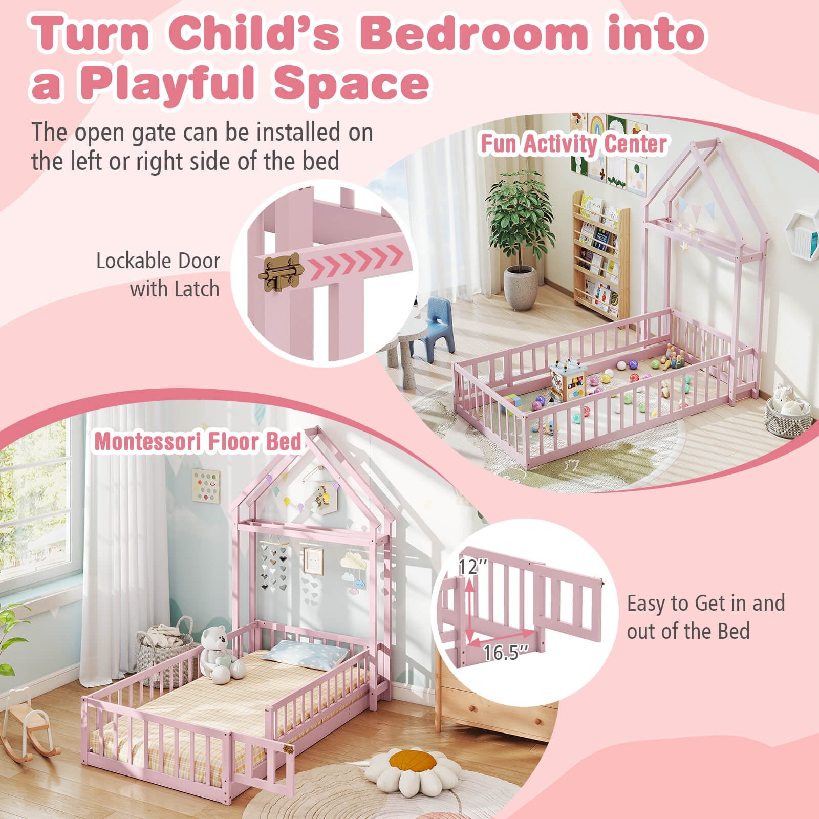 Costway Twin Size House Floor Bed with House-shaped Headboard Clothes Hanger without Slats Pink