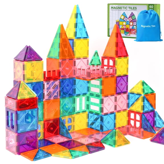 FunMagic Magnetic Tiles, 60pcs Magnetic Blocks for Kids, Magnet Building Set,STEM Sensory Educational Toys Gift for Toddlers Kids 3 4 5 6 7 8 Year Old