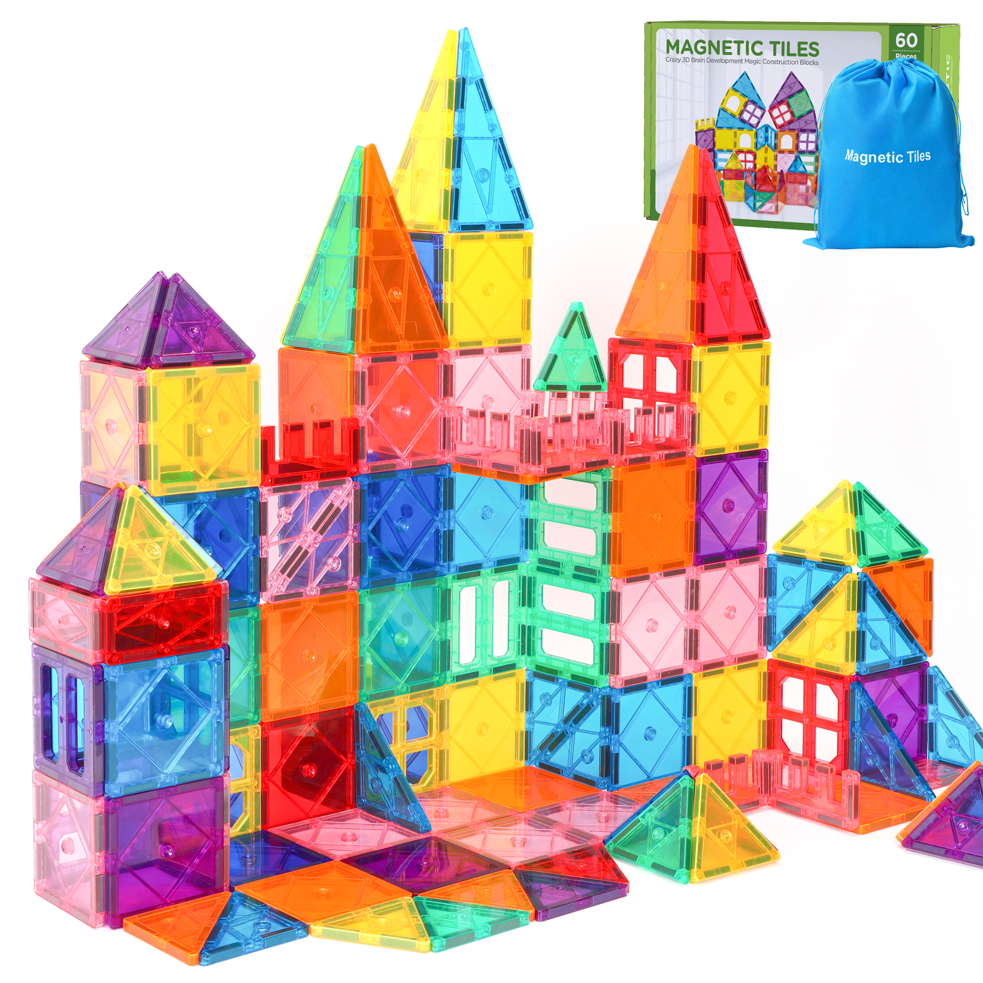 FunMagic Magnetic Tiles Starter Pack, 60 Pieces, Ages 3-8