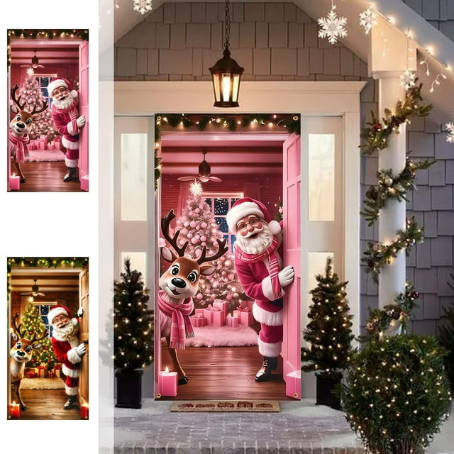 Funda Navideña para Puerta con Diseño de Papá Noel y Renos | Tela de Nailon | 180 X 90 Cm | Decoración Navideña para Puerta de Entrada y Paredes