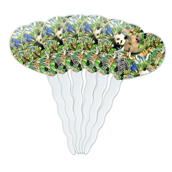 Animal World Panda Elephant Cheetah Pattern Heart Love Cupcake Picks Toppers Decoration Set of 6