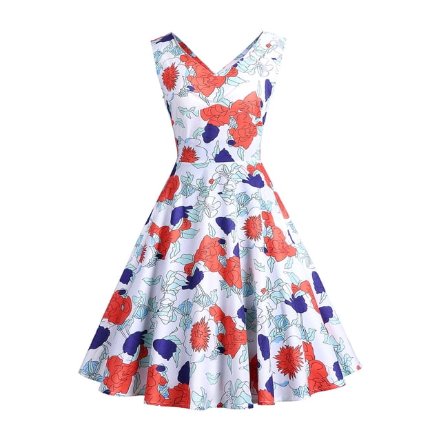 Leutsin Robe d'Été Sans Manches à Col en V à Imprimé Vintage Évasée pour Femme Grande Taille