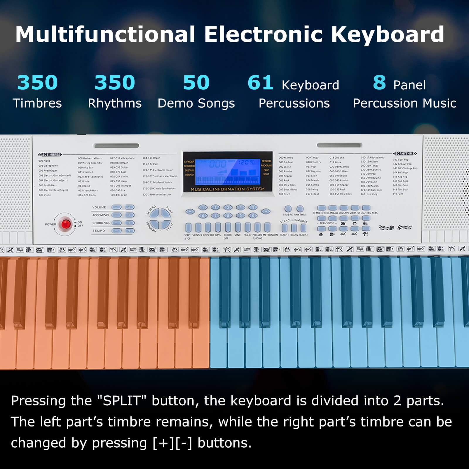 Costway 61-Key Electronic Keyboard Piano with 350 Rhythms 350 Timbres 50 Demo Songs White
