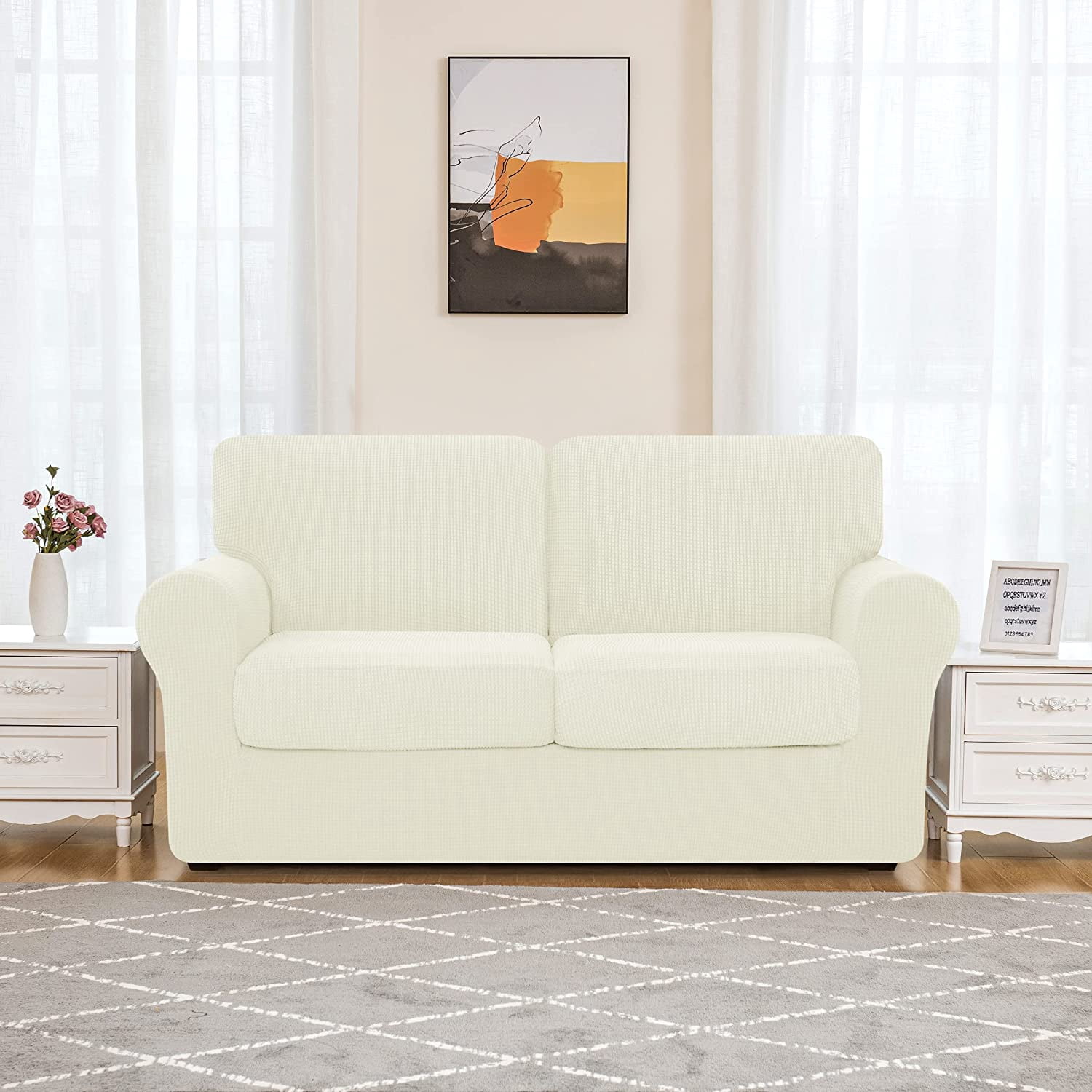 Subrtex Sofa Slipcover Sets 5 Pieces Stretch Couch Cover Backrest Cushion Covers (Loveseat, Ivory)