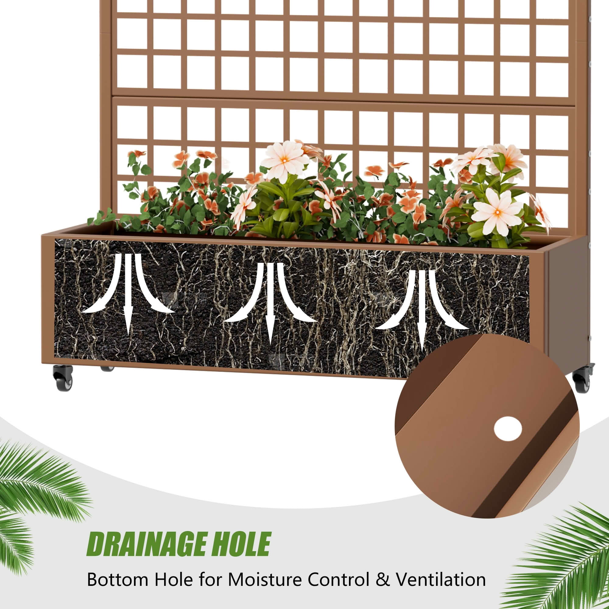 MAYEERTY 72X47" Metal Outdoor Brown Privacy Screen with Planter Box for Backyard & Garden, 5 Piece Set