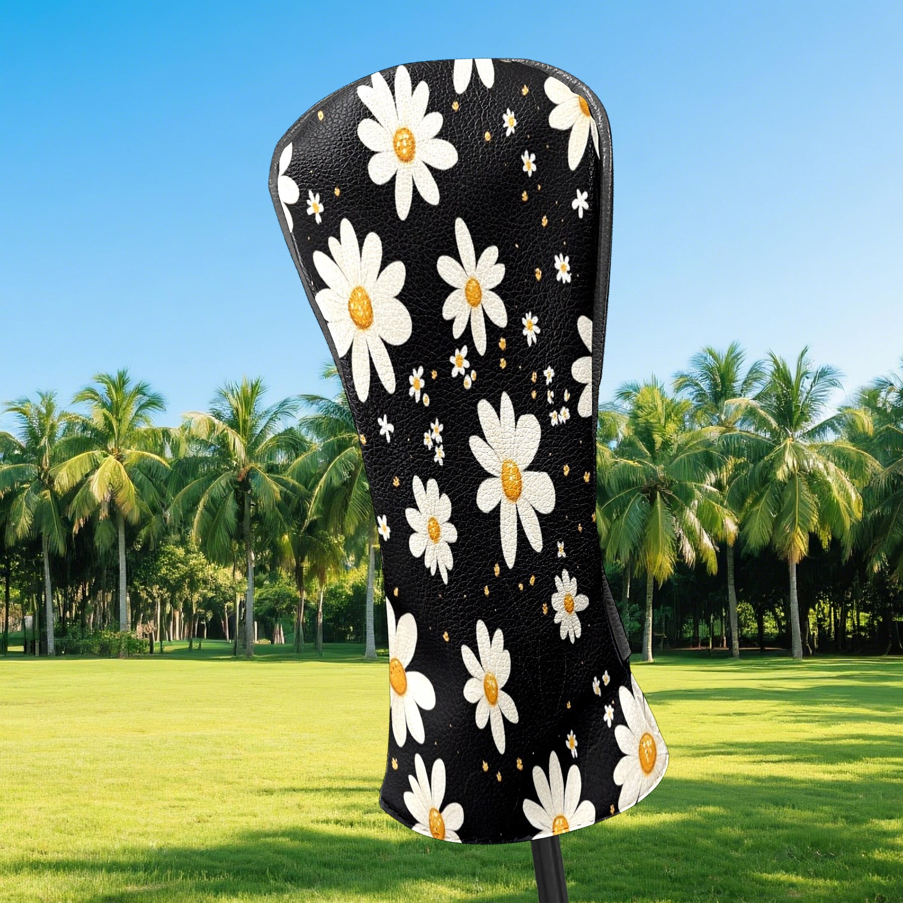 Golf Club Head Covers - White Daisy Design, PU Leather, Waterproof, Fits Fairway Woods/Hybrid, Unisex, Fits Most Brands