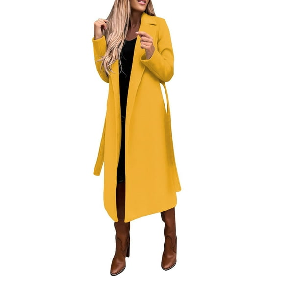 Fshiont Womens Winter Coat Long Trench Coat Oversized Long Casual Wool Blend Overcoat Notch Lapel Belted Full Length Jackets Yellow 2XL