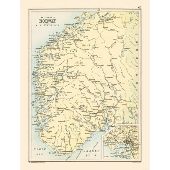 Historic Map - Norway Fjords - Bartholomew 1892 - 23 x 30.21 - Vintage Wall Art