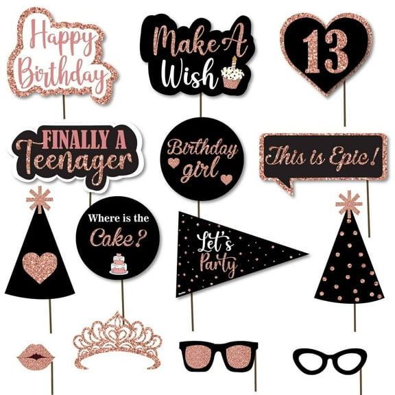 14pcs Happy 13th Birthday Photo Booth Props for Birthday Celebration, Make a Wish, Finally Teenager, Party Supplies - Black and Rose Gold