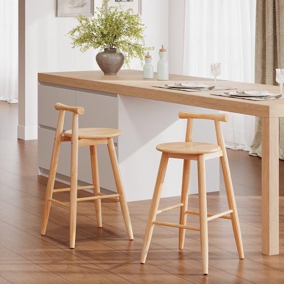 29" Wood Bar Stools Set of 2 with Solid Back,Mid Century Counter Bar Stools for Kitchen,Natural
