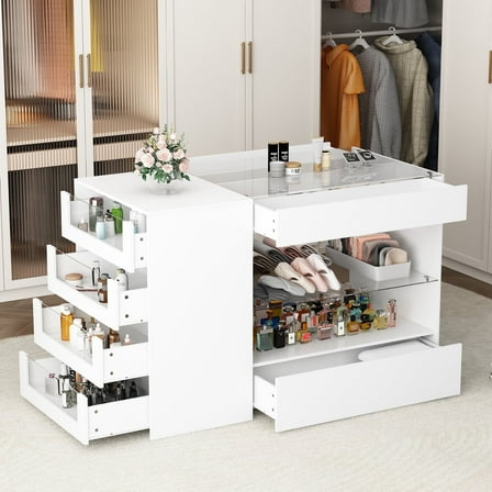 Wiawg Modern Closet Island with Glass Display Top &8 Drawers,Storage Cabinet for Retail,White