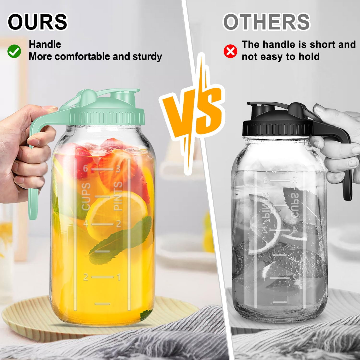 JOGGEIL 3 Pack 64OZ Mason Jars with Lid, 2 Quart Glass Water Pitcher with Lid, Airtight Seal for Great for Iced Tea,Juice,Milk,Coffee,Sun Lemonade, Green