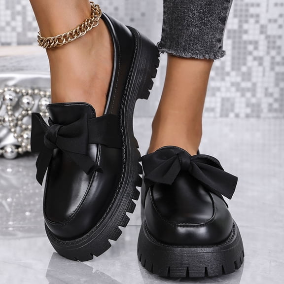 Xucatan Women's Fashionable Patent Leather Loafers with Large Satin Bow, Chunky Thick Sole for Subtle Height, Slip-On Comfort with Soft Lining, Versatile Solid Color Flats for Casual Daily Wear Gift