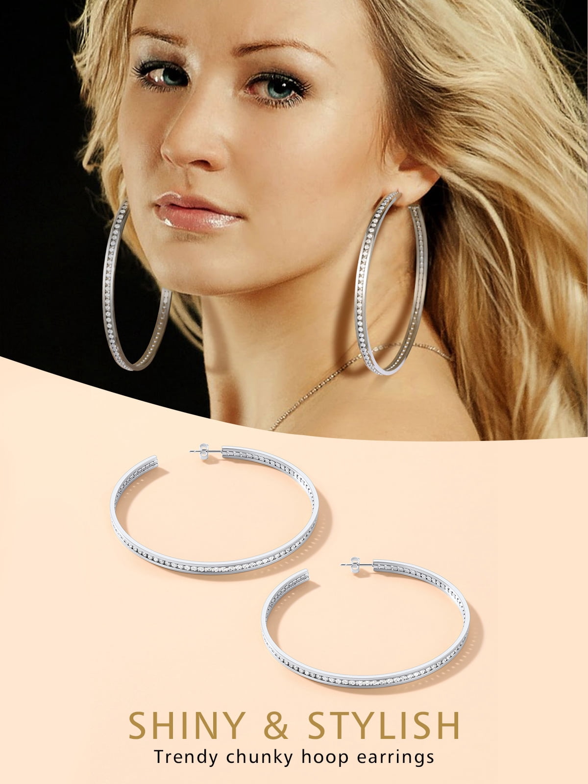FindChic Silver Hoop Earrings for Women Stainless Steel Hoops with Cubic Zirconia Inlaid Birthday Mothers Day Jewelry Gifts Her Mom Wife, 80mm