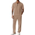 thumbnail image 2 of Ceisia Men Textured Half Zip Polo Short Sleeve Shirt & Elastic Waist Straight Pants Casual Two Piece Outfit Khaki XXXL Gift, 2 of 8