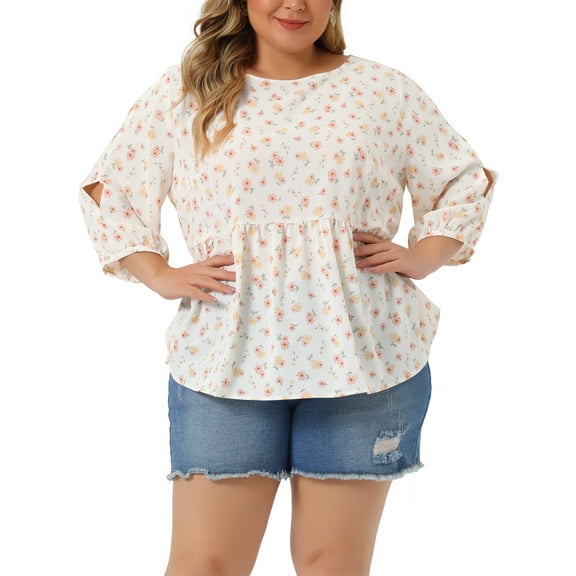 Agnes Orinda Plus Size Top for Women 3/4 Sleeve Cut Out Floral Blouses 4X White Red