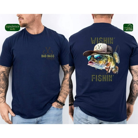 Wishin' I Was Fishin Shirt, Funny Fishing 2 Sided T-Shirt, Fathers Day Gift, Birthday, Men's Clothing Shirt,Navy Color,Size L