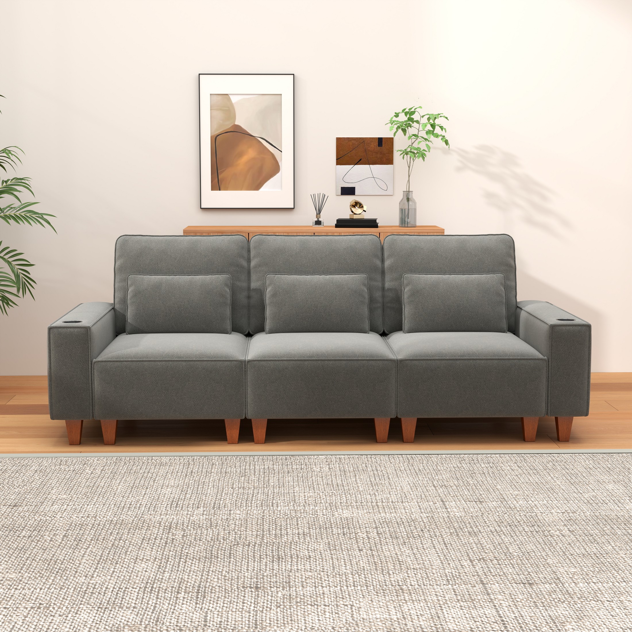 BSHTI Chenille Deep Seat 3-Seater Sofa with Brushed Stainless Steel Cup Holders and 3 Decorative Pillows – Modern Comfortable Couch for Living Room