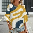 thumbnail image 3 of Abstract Wavy Yellow Blue Art Women's V-Neck Blouse With 3/4 Ruffled Bell Sleeves Casual Top Ladies Blouses, 3 of 7