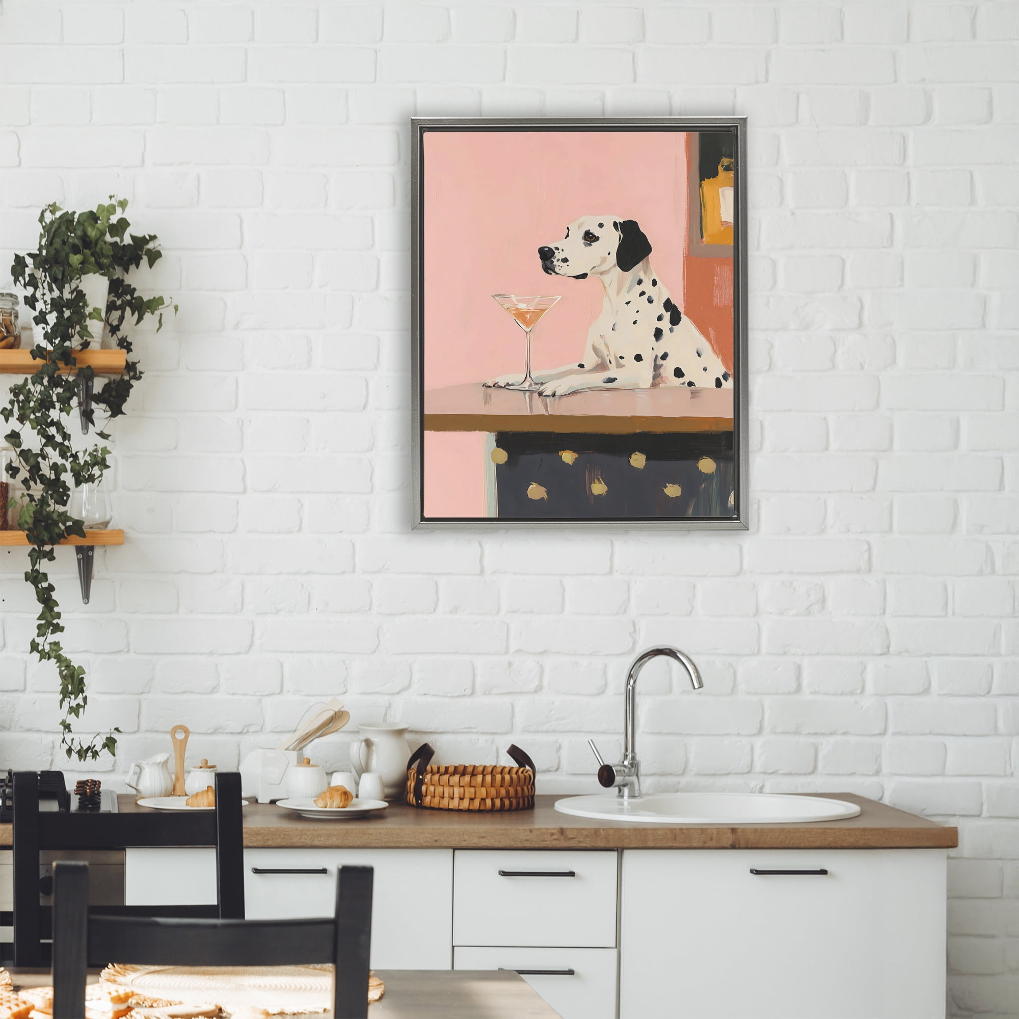 Stupell Industries Dalmatian at Cocktail Bar Gray Framed Floater Canvas Wall Art, design by The Prints Vibe