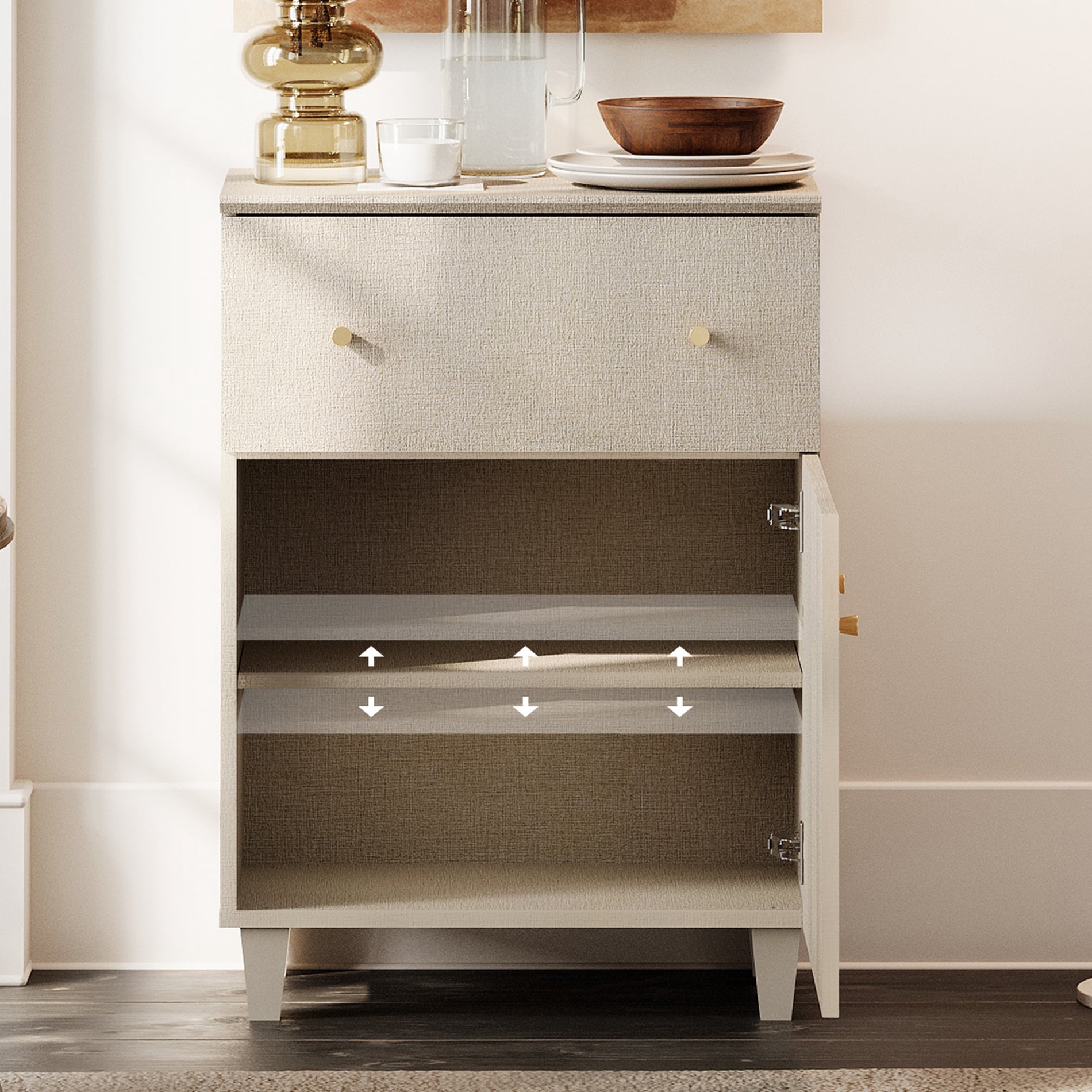 Living Room End Table, Large Sofa Side Tables with 1 Drawer and 1 Door, Beige Fabric Texture Finish Nightstand for Bedroom