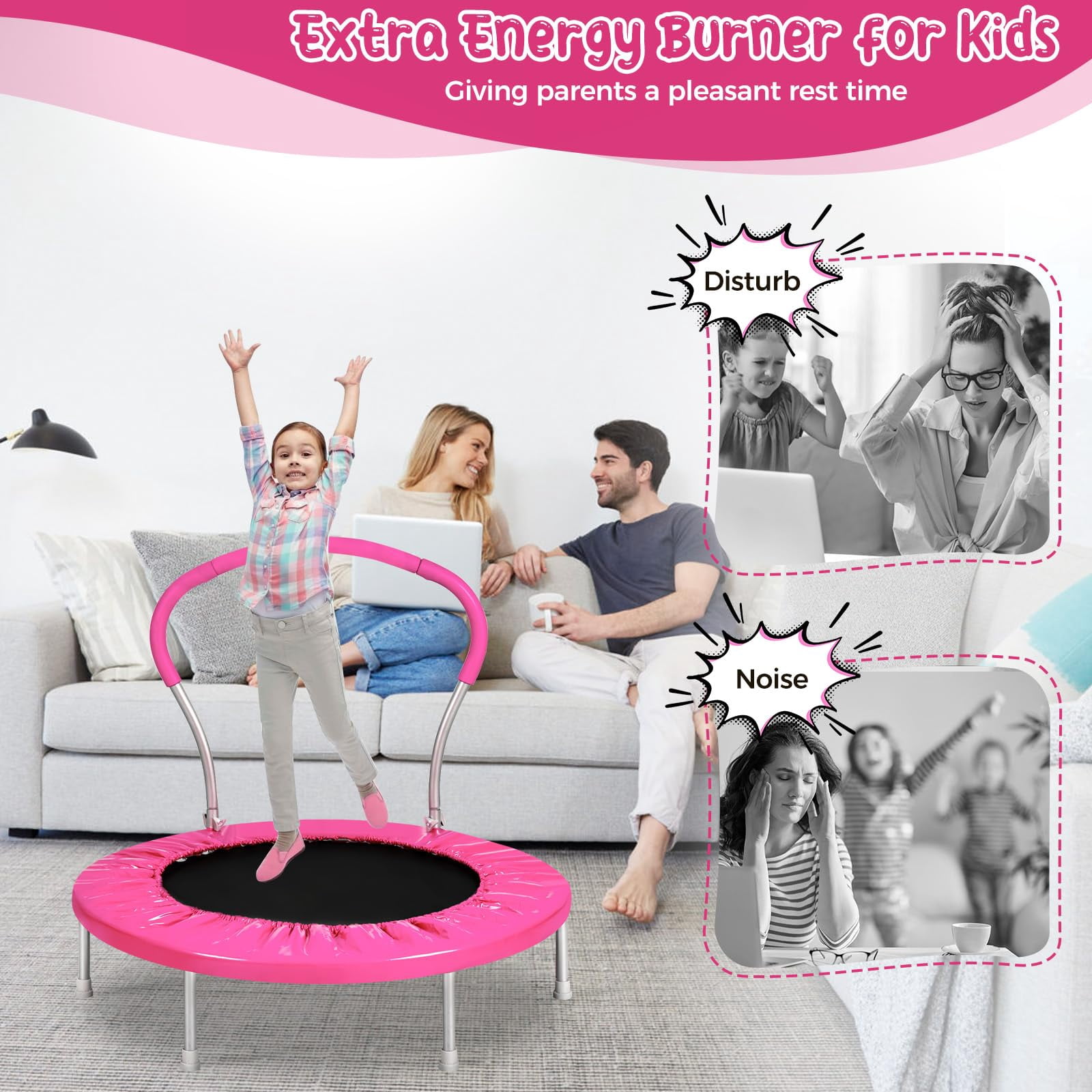 JOYFULIN 36" Trampoline for Kids, Mini Indoor/Outdoor Toddler Trampoline with Handle, Small Rebounder, Fitness Gift for Baby, Girls, Boys, Pink