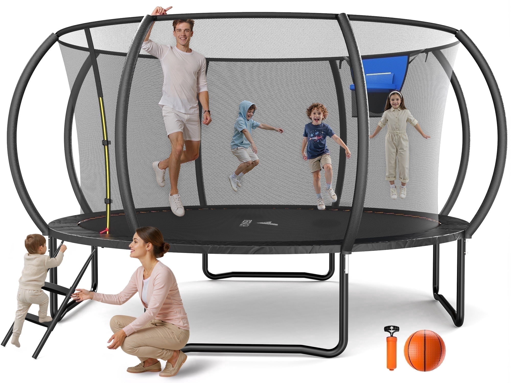 MERACH 14FT Pumpkin Outdoor Trampoline with Safety Enclosure Net, Basketball Hoop & Ladder, Heavy Duty Backyard Trampoline for Kids & Adults