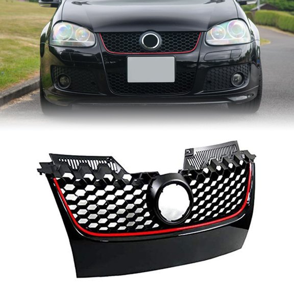 Main Upper Hex Mesh Grille - Black W/Red Trim For 2006 2007 2008 2009 Volkswagen GTI Volkswagen Jetta