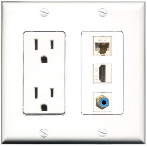 RiteAV - 15 Amp Power Outlet 1 Port HDMI 1 Port RCA Blue 1 Port Cat6 Ethernet Ethernet White Decorative Wall Plate