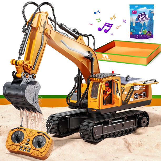 Excavadora RC de juguete TAPOQJO de 15 canales con caja de arena y 1 kg de arena, 4-6 años