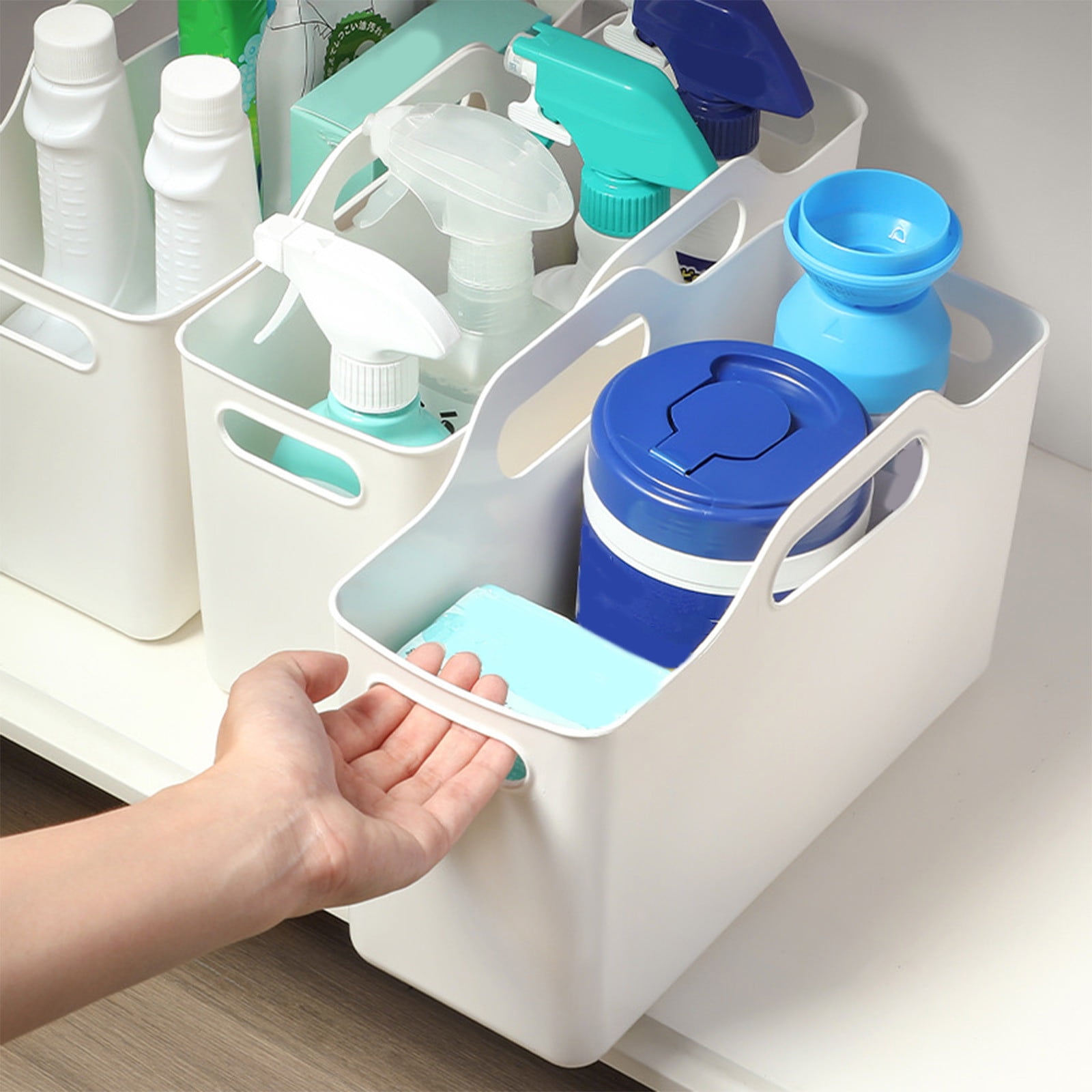 TOPRenddon White Plastic Storage Basket - 11x8 Inch Rectangular Organizer for Bathroom/Kitchen/Office (Multi-Purpose, Stackable, Easy Clean with Handles)
