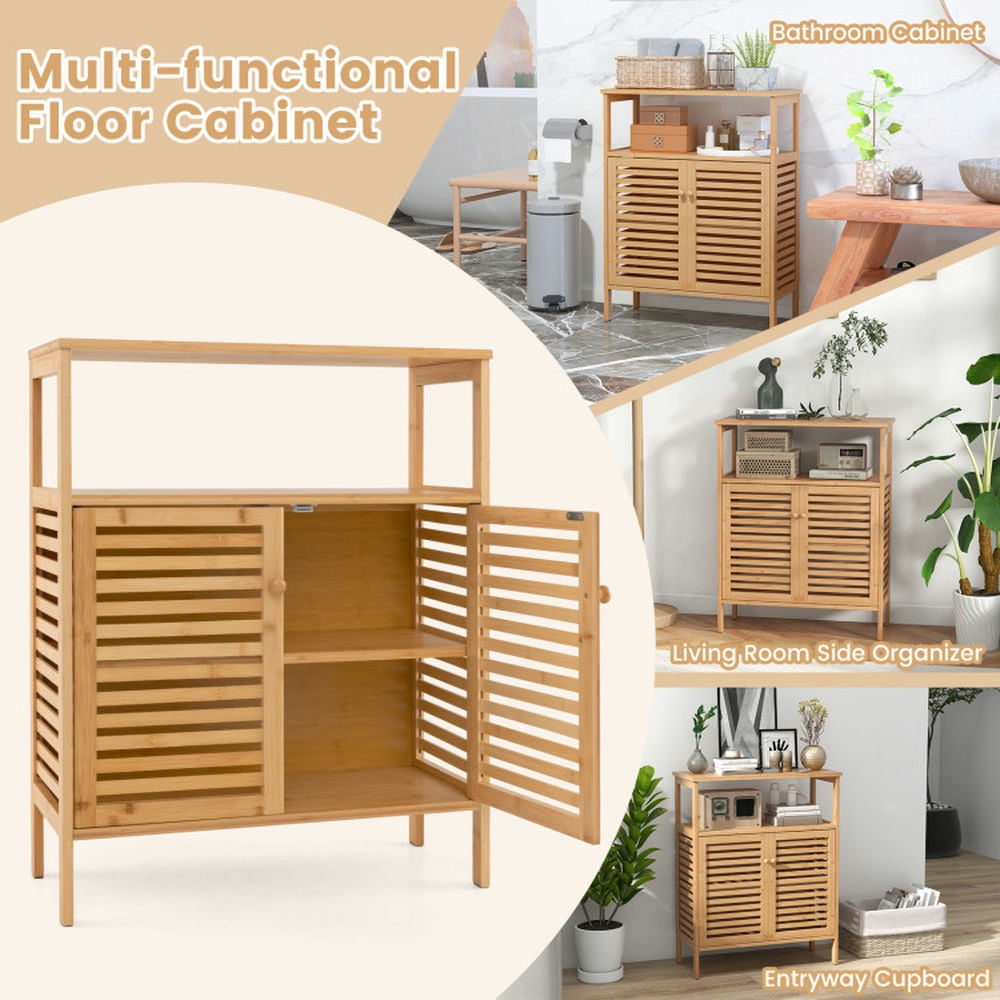 Finihen Bathroom Storage Cabinet, Bathroom Floor Cabinet, Bamboo Bathroom Floor Storage Cabinet with Shutter Doors, for Bathroom, Living Room, Bedroom, Kitchen, Natural Finihen Bathroom Storage Cabinet, Bathroom Floor Cabinet, Bamboo Bathroom Floor Storage Cabinet with Shutter Doors, for Bathroom, Living Room, Bedroom, Kitchen, Natural